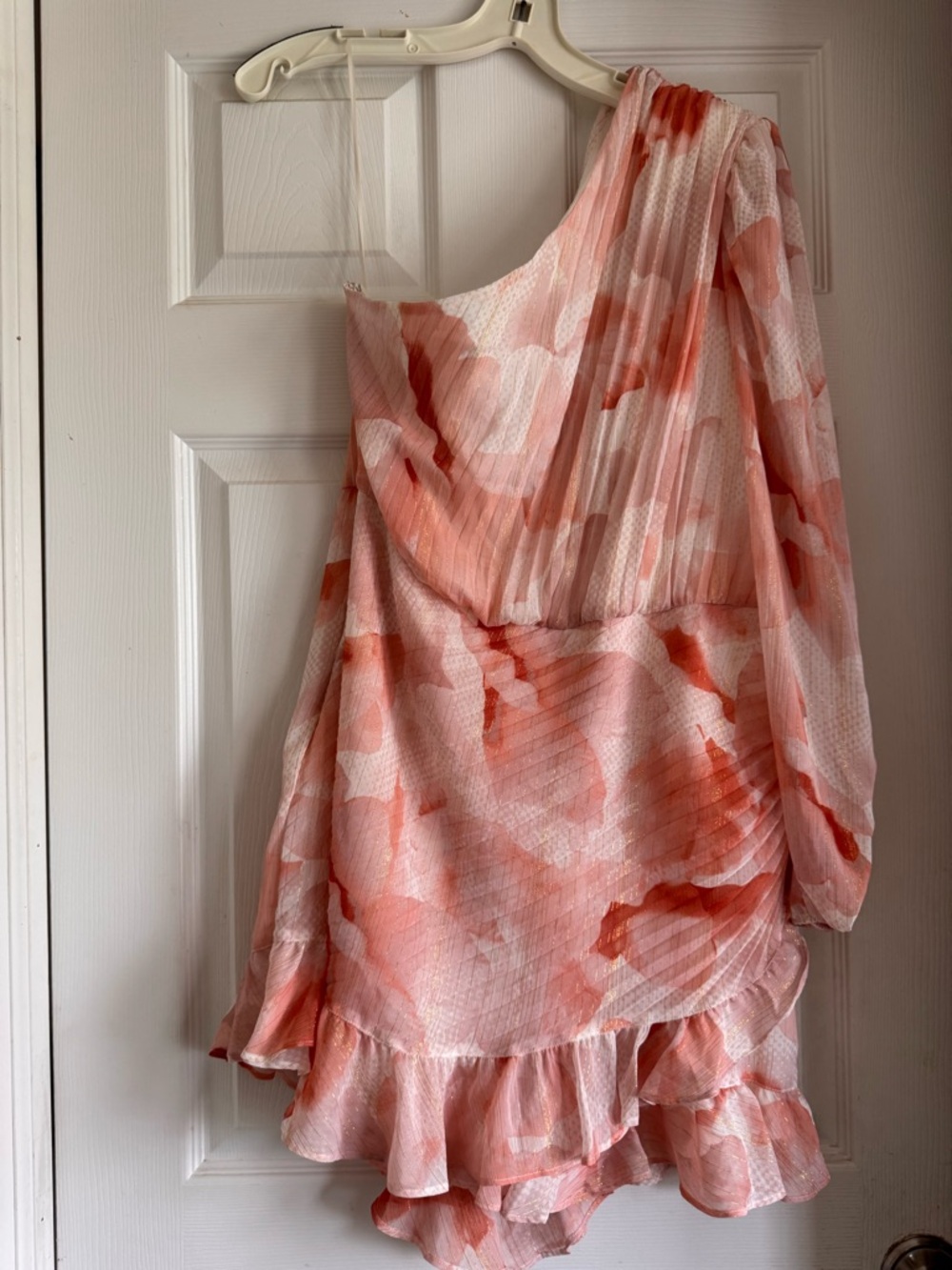 One-Shoulder Pink & Coral Watercolor Ruffle Dress